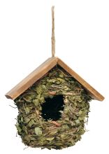Domček / búdka - pre vtáky - s listami a drevenou strechou - priemer 18 x v 17 cm